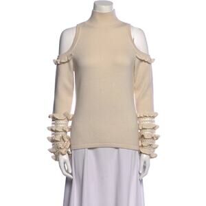 Jonathan Simkhai Cream Cold Shoulder Crochet Ruffle Turtleneck Sweater Top S